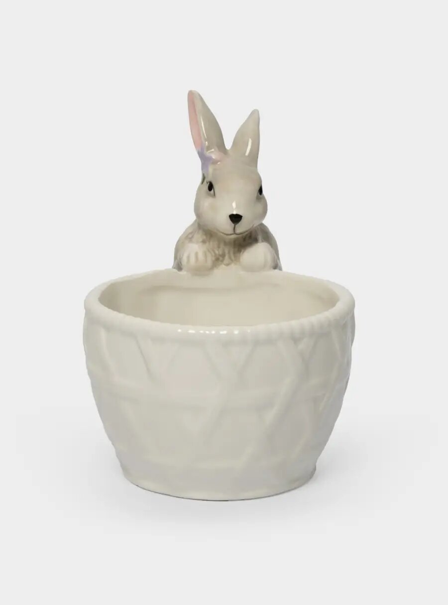 Конфетница, 12х16 см, керамика, молочно-серая, Кролик с корзинкой, Brown Rabbit