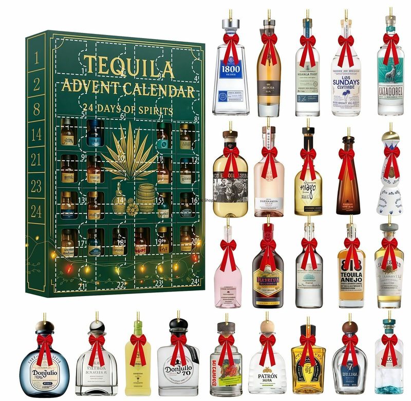 Адвент-календарь для взрослых 2025 Tequila, 24 мини-бутылочки, акриловый, праздничный бокс-сюрприз, 26x18x3 см