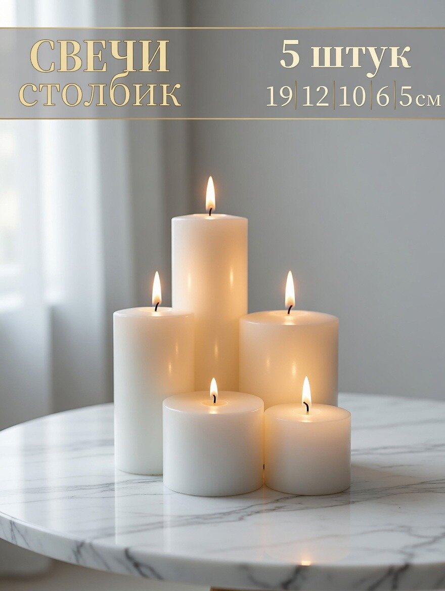 Набор интерьерные белые свечи столбик, 5 штук, свадебные свечи