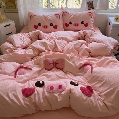 Комплект постельного белья XZLNBDM Kawaii Pink Pig, 4 предмета, 100% полиэфир, розовый1.5x200cm