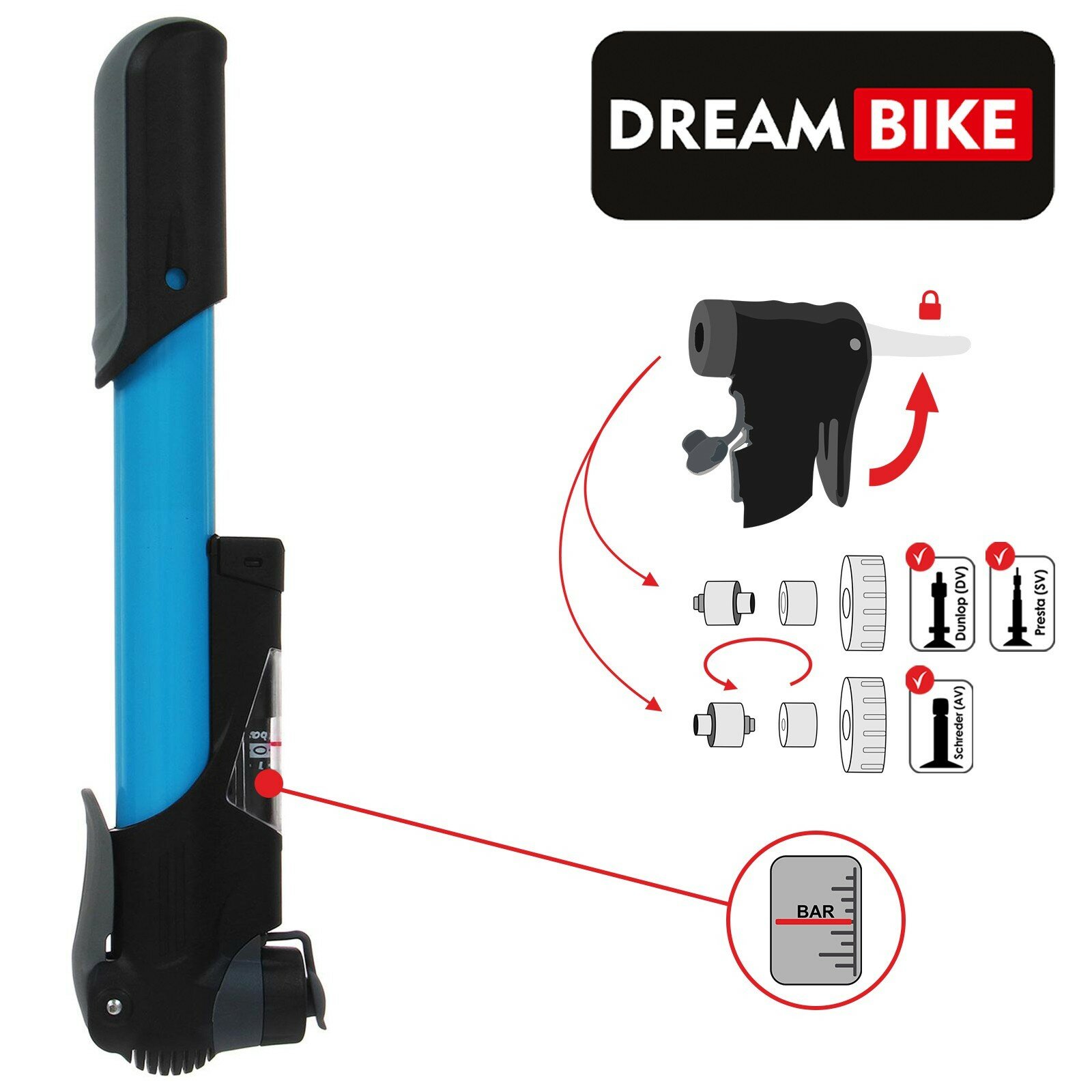 Насос для велосипеда Dream Bike, ручной, с манометром, синий