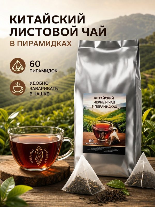 Китайский черный чай маочай в пирамидках (60 пирамидок)