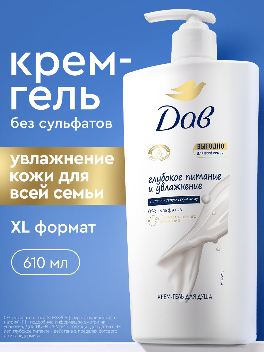 Дав Крем-гель для душа женский бессульфатный Глубокое питание и увлажнение, для всей семьи, с дозатором, 610 мл