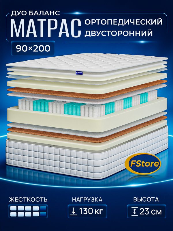 Матрас 90х200 ортопедический, независимые пружины, FStore Дуо Баланс