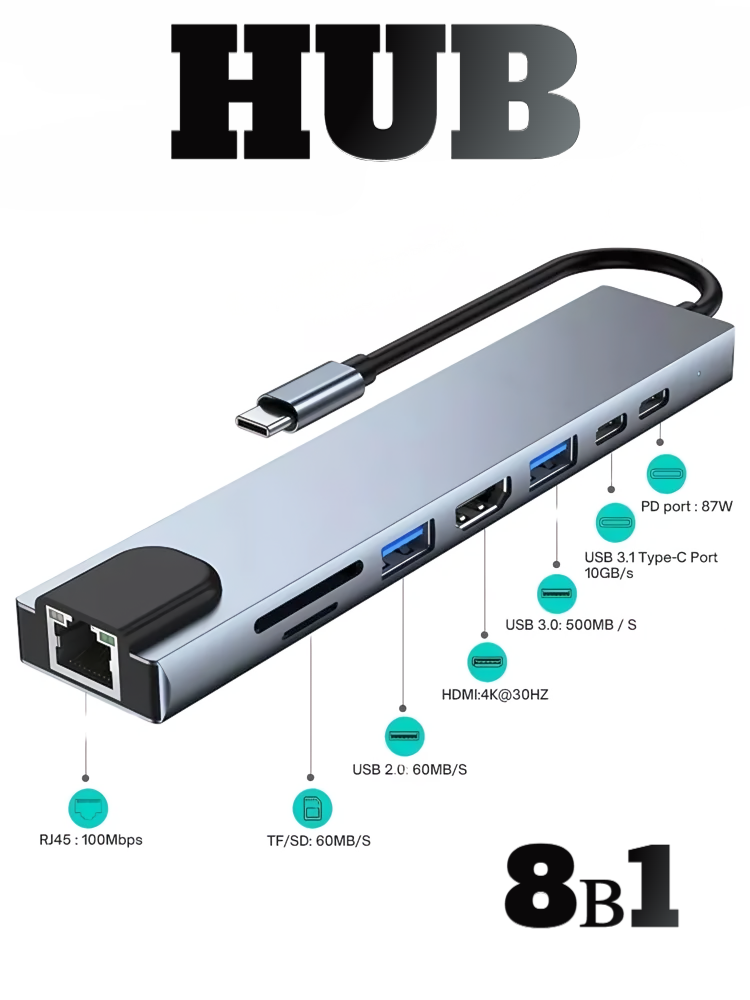 Usb hub / хаб для macbook / разветвитель usb / usb hub type c / 8 портов / многофункциональный