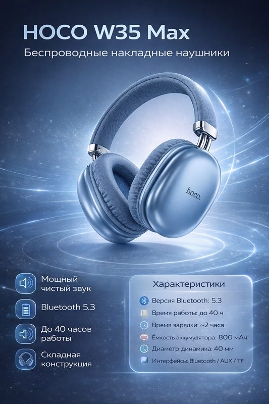 Наушники Hoco W35 Max, беспроводные, с микрофоном, Bluetooth 5.3, синий