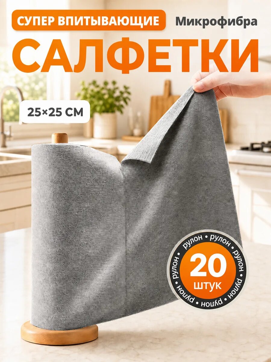 Отрывные салфетки из микрофибры для кухни и авто 25x25 20 шт