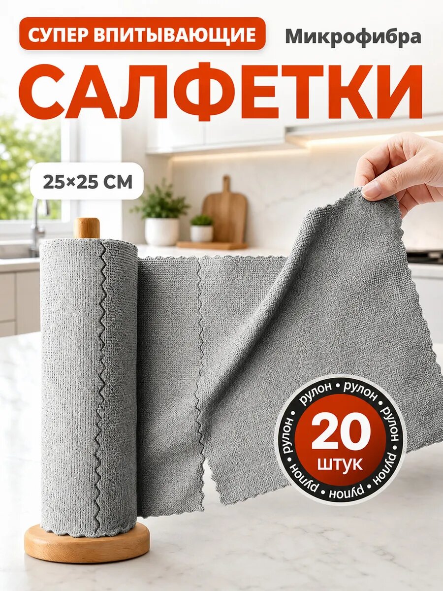 Салфетки из микрофибры для уборки, серая полиэстеровая ткань, 25х25 см, 20 шт в рулоне, для мебели, авто и маникюра