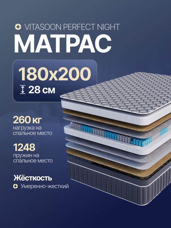 Матрас 180х200 пружинный 28 см анатомический Vitasoon Perfect Night двуспальный
