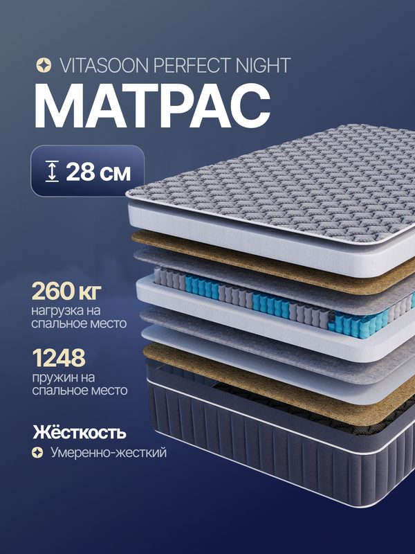 Матрас 140х190 пружинный 28 см анатомический Vitasoon Perfect Night двуспальный