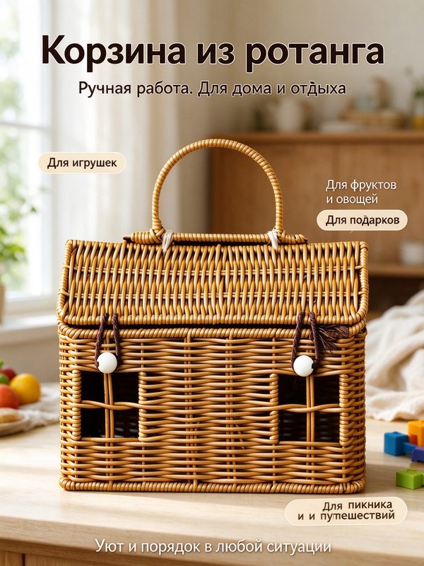 Корзина из ротанга, ручная работа, для игрушек, фруктов, овощей, подарков, пикника, путешествий