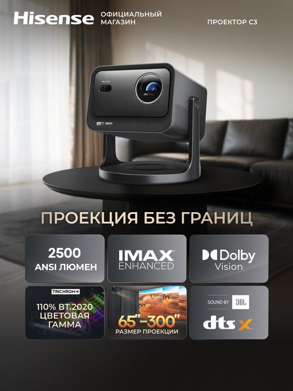 Проектор для фильмов 4К Hisense C3, яркость 2500 ANSI люменов, проекция 65-300 дюймов, оптический и цифровой зум, звук 2.0, HDR, игровой режим
