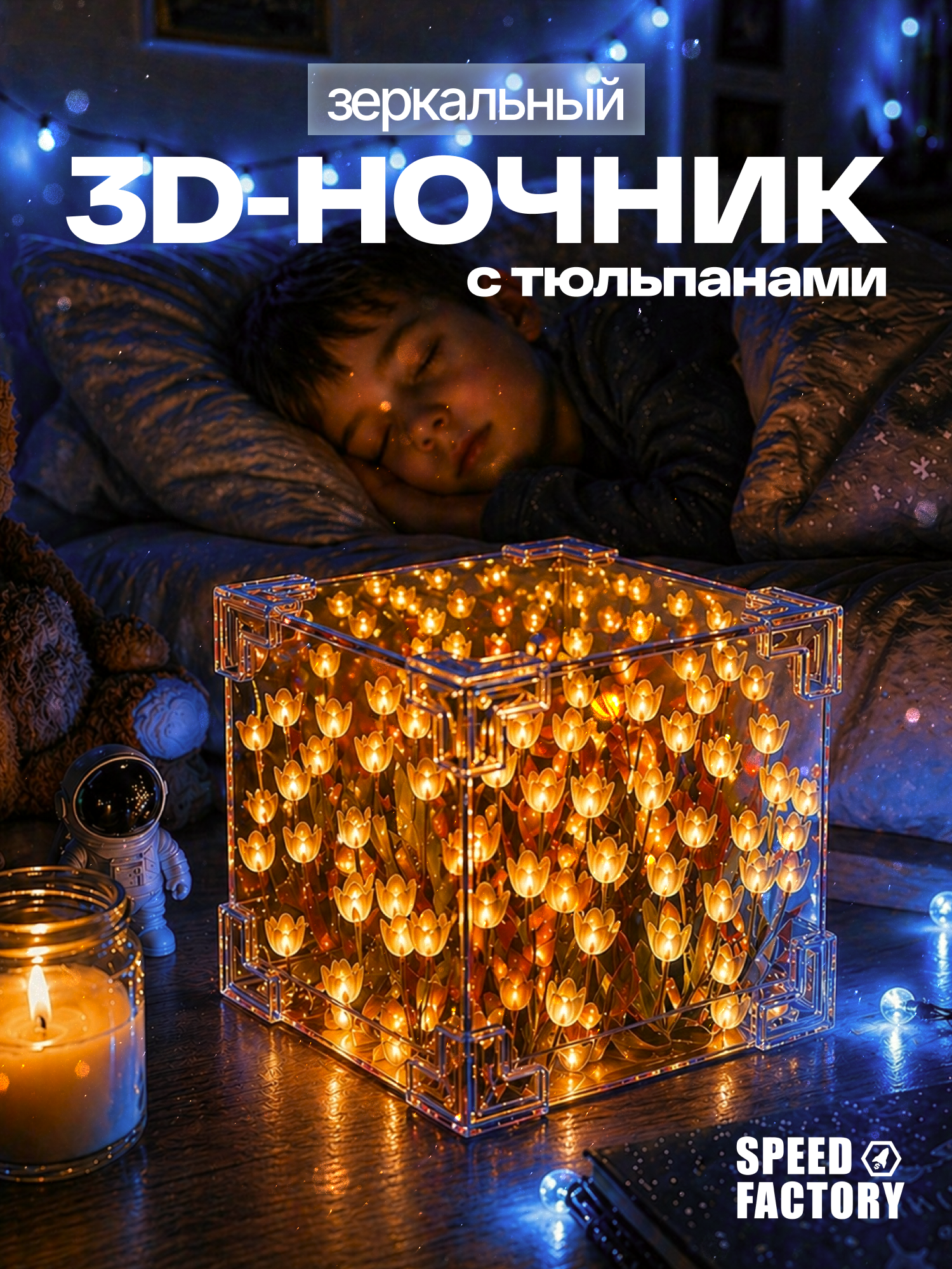 Ночник зеркальный Куб с Тюльпанами, светильник с цветами, ночник детский, розовый, питание от батареек
