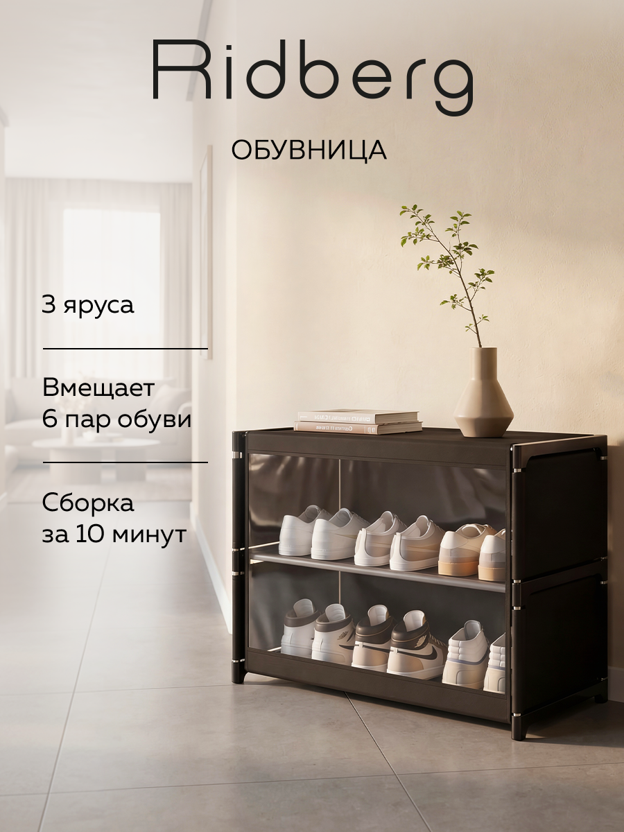 Обувница Ridberg, черная, 3 полки, закрытая, с дверкой, металл/пластик, напольная