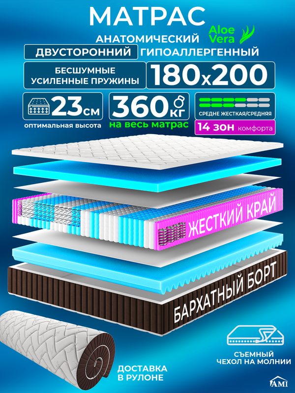 Анатомический двуспальный матрас 180х200 см на кровать, рулонный, независимый пружинный блок, съемный чехол Ами Мебель