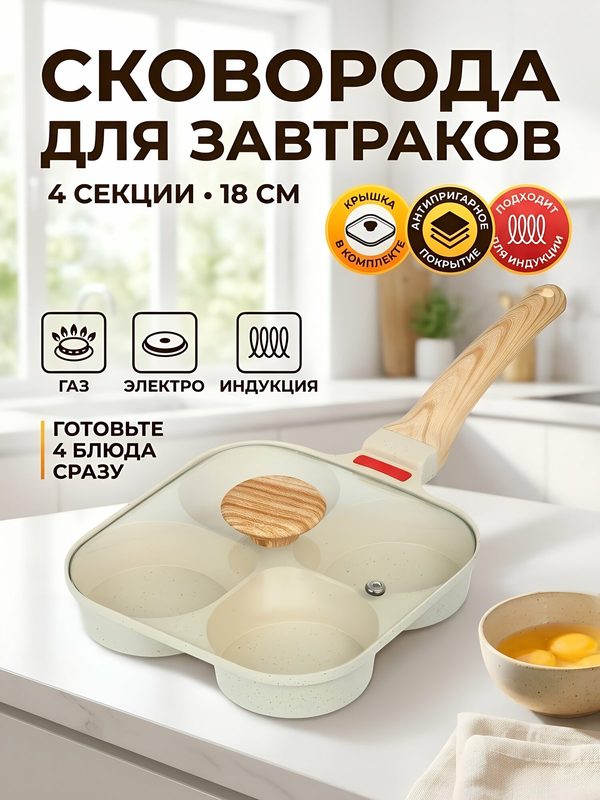 Сковорода для завтраков 18 см, 4 секции, антипригарное покрытие, с крышкой, для индукции, алюминиевая, бежевая, B020174
