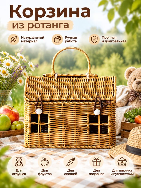 Корзина из ротанга, ручная работа, для игрушек, фруктов, овощей, подарков, пикника, путешествий