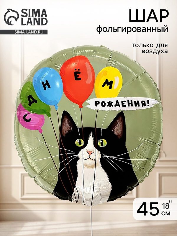 Шар воздушный Веселая затея "Кот и воздушные шары", фольгированный, для дня рождения, 1 шт