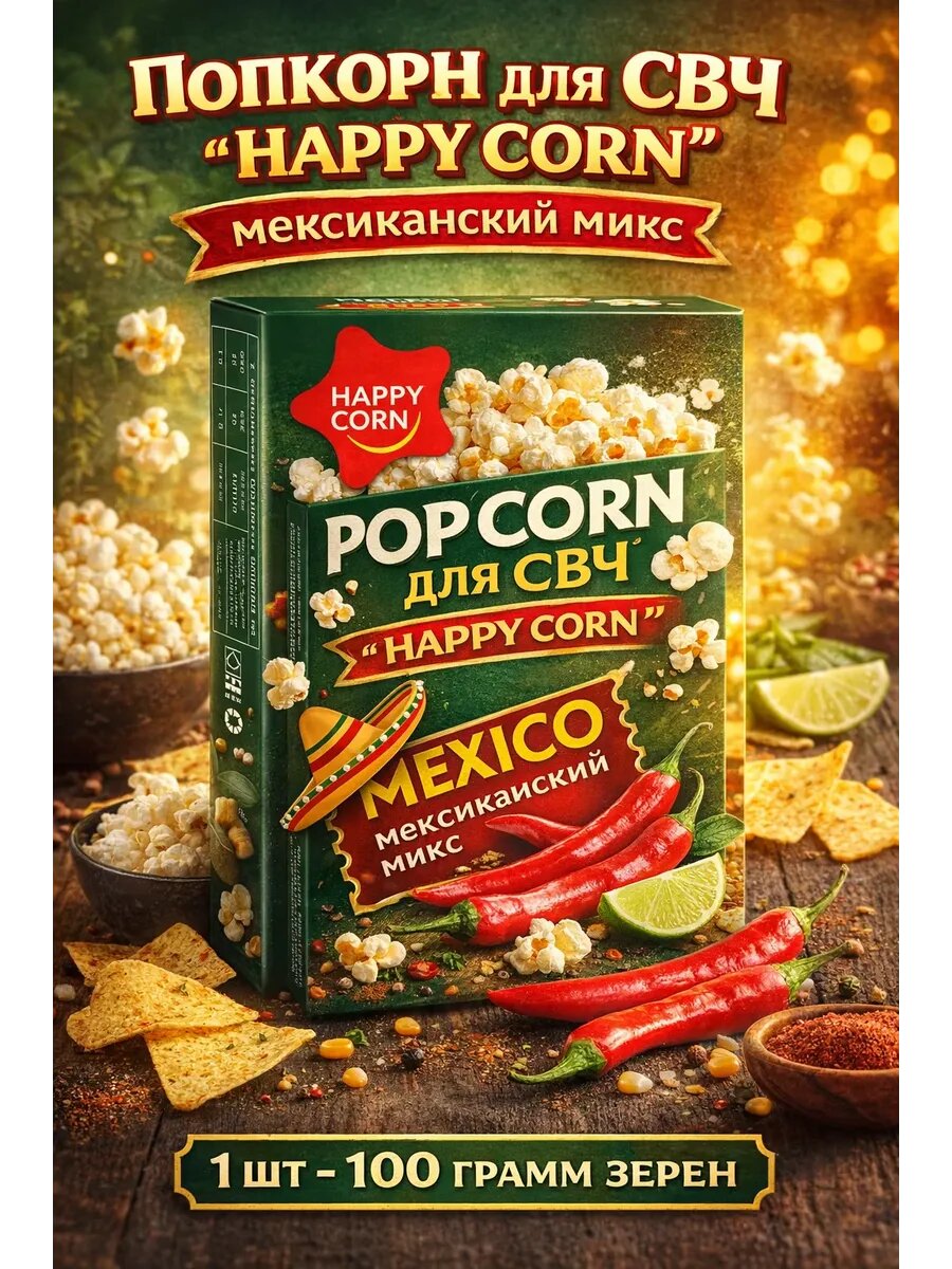 Попкорн для СВЧ HAPPY CORN мексиканский микс 100 г, снек на перекус и к чаю