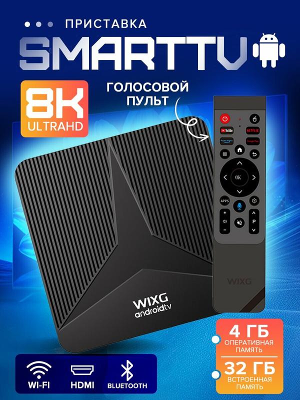 Медиаплеер Смарт ТВ приставка Android 14, 4 ГБ/32 ГБ, Bluetooth, Wi-Fi, черный матовый