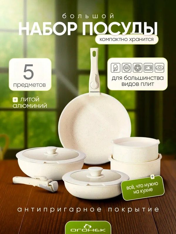 Набор сковородок, Антипригарное покрытие, съемная ручка，5штук