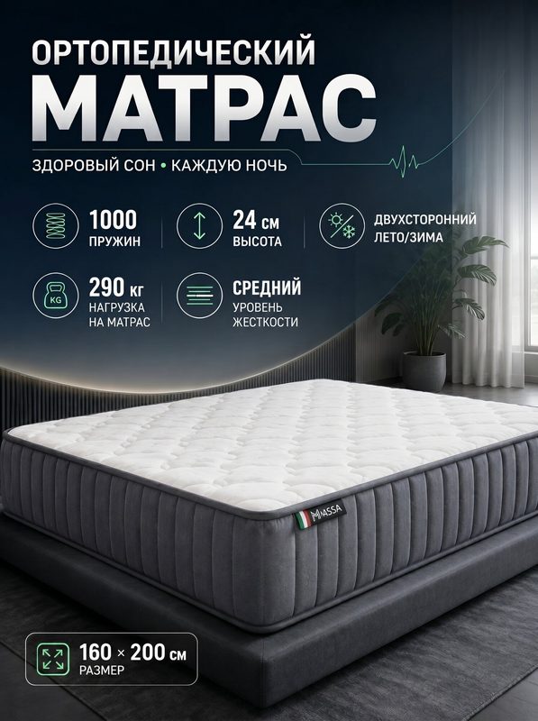 Матрас 160х200 см Фаэнца ортопедический пружинный в скрутке, Двуспальный двусторонний анатомический матрас