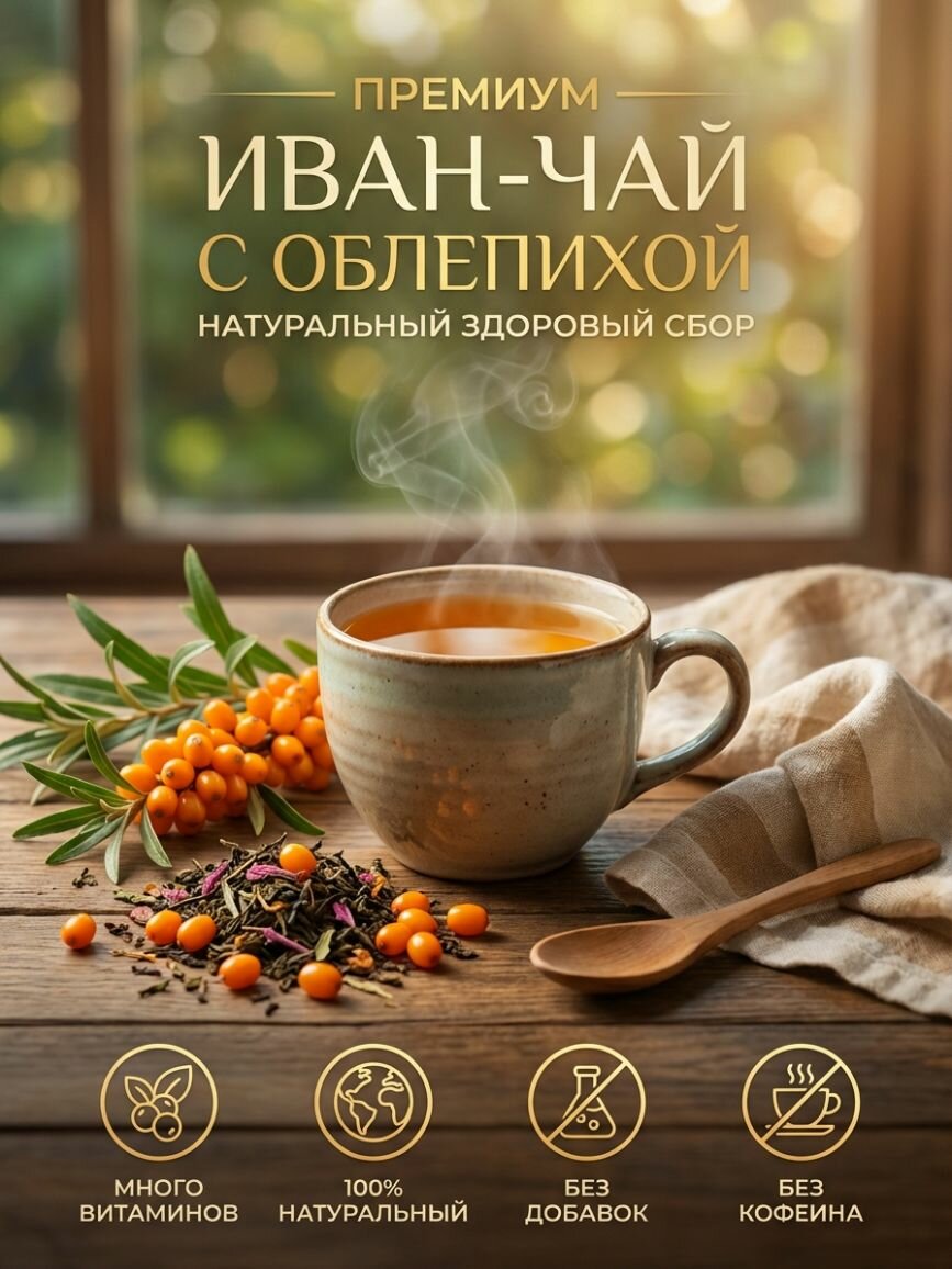Чай Иван-чай ферментированный с облепихой, листовой натуральный травяной, с ягодами, в подарок, 100 г