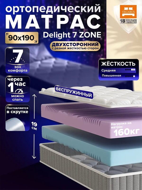 Матрас Delight 7 zone 90х190х19 на кровать беспружинный ортопедический