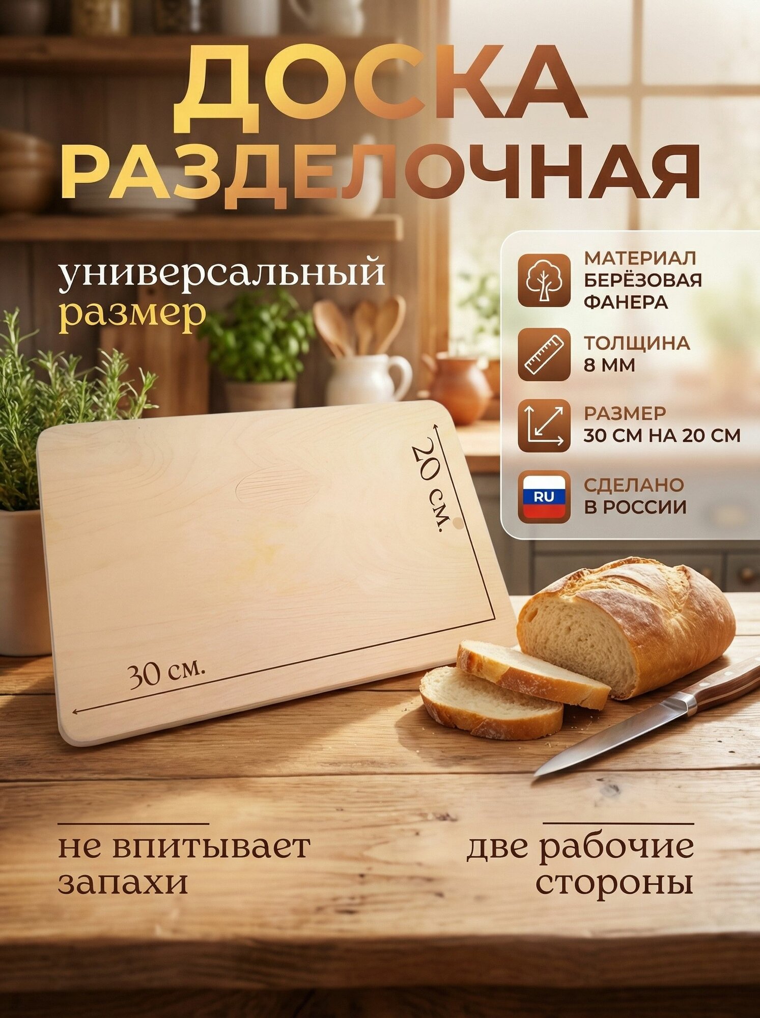Доска разделочная деревянная для кухни 30 х 20 см, кухонная доска для нарезки и подачи