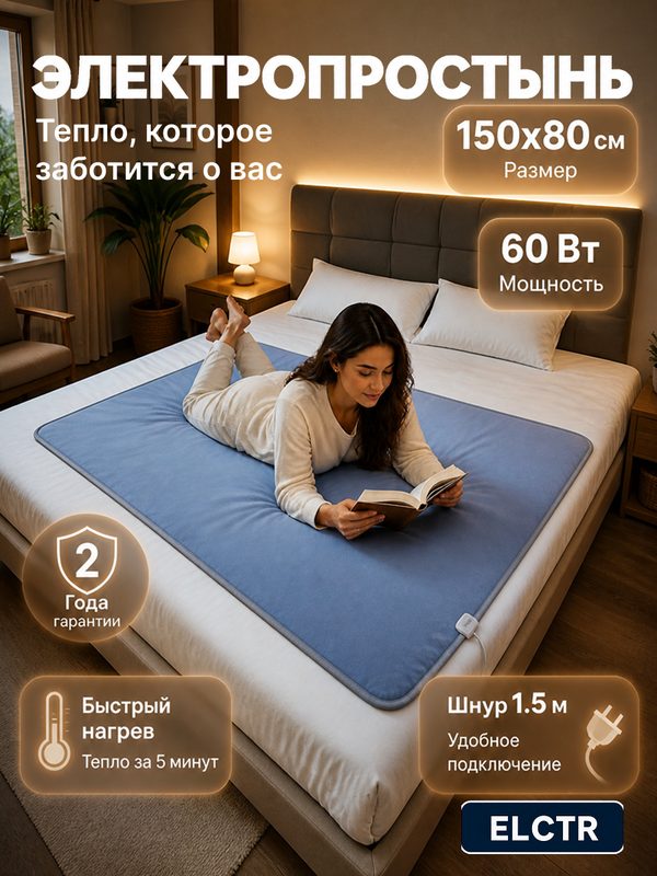 Электрическая простынь с подогревом 150x80, Электропростынь, 2 режима нагрева