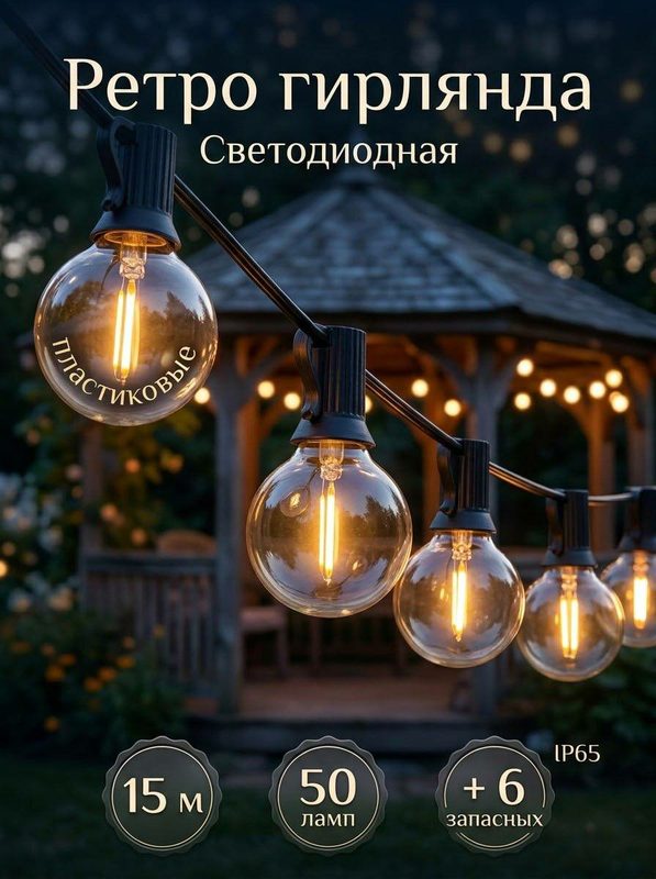Уличная светодиодная гирлянда ретро 15 метров, 50+6 ламп, теплый белый свет, IP65 для украшения дома, фасада, двора