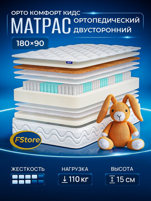 Матрас детский 180х90 ортопедический, независимые пружины, FStore Орто Комфорт Кидс