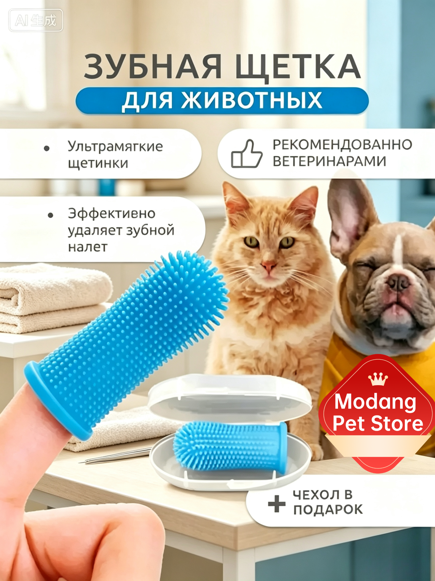 Зубная щетка для собак и кошек. Щетка для собак зубная напальчник.(с чехлом для хранения)