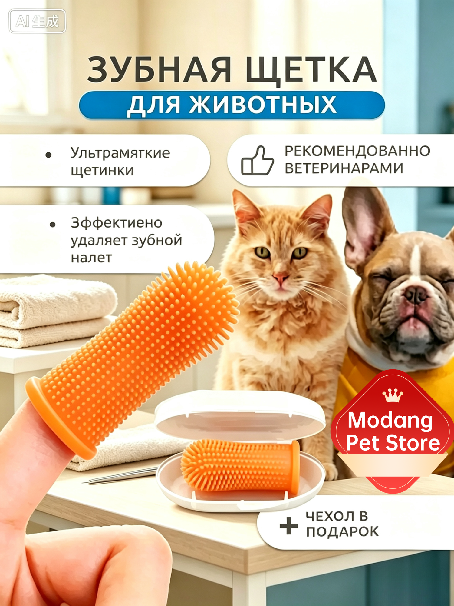 Зубная щетка для собак и кошек. Щетка для собак зубная напальчник.(с чехлом для хранения)
