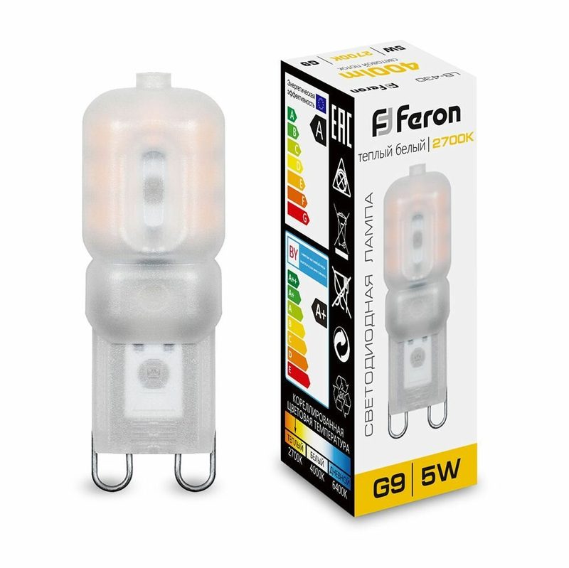 Лампа светодиодная G9 5W JCD9 капсульная теплый белый свет 2700K Feron LB-430 25636