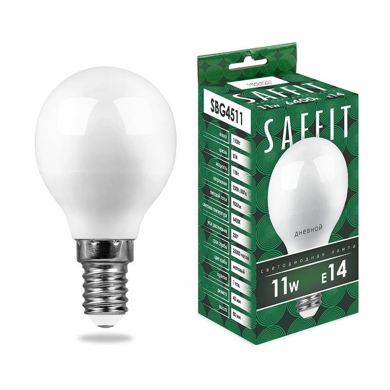 Лампа светодиодная E14 11 Вт G45 шар дневной белый свет 6400K Saffit SBG4511 55140