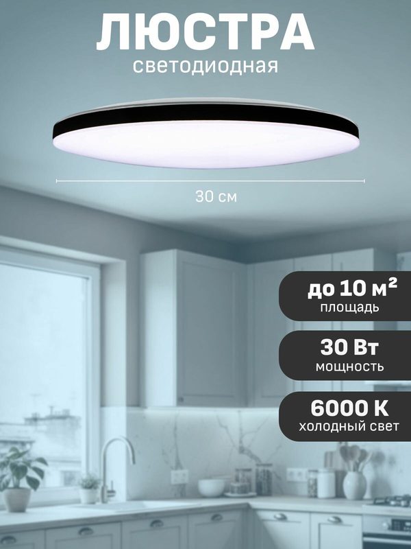 Люстра потолочная светодиодная на кухню Maple Lamp PL-2929-6000K-BLACK, черная, 30 Вт (10 кв м)