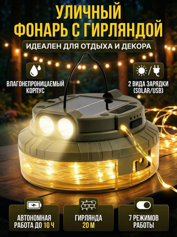 Кемпинговый фонарь с гирляндой 20 м, уличный светильник с влагозащитой