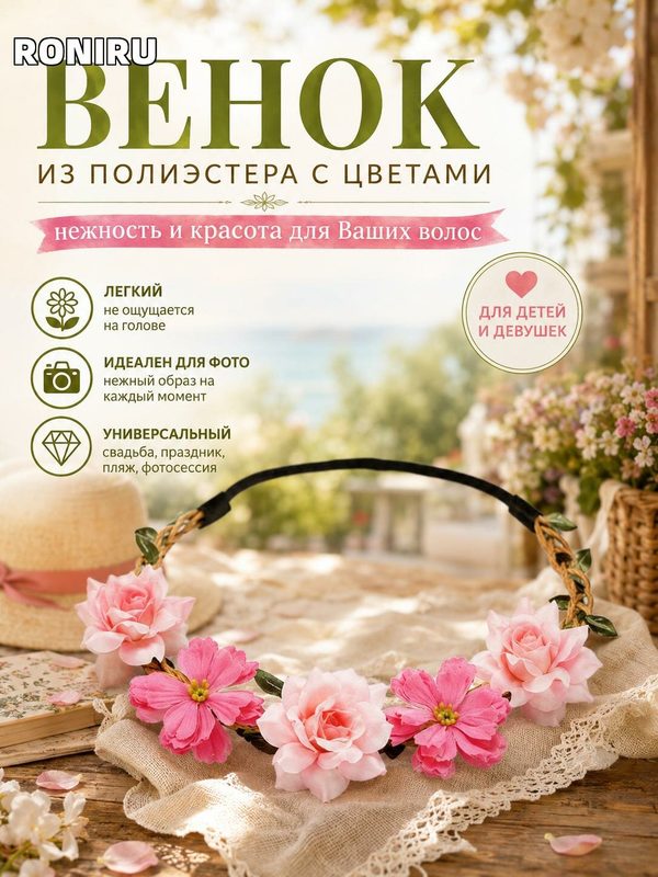 Венок из полиэстера с цветами, повязка для волос для детей и девушек — фото реквизит, пляжный и свадебный аксессуар
