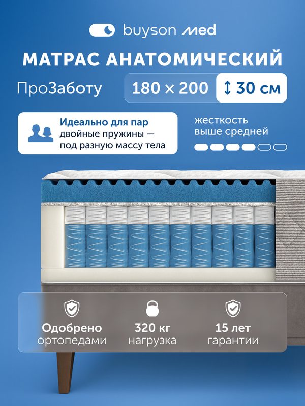 Ортопедический матрас buyson med ПроЗаботу 180x200 см, независимые пружины