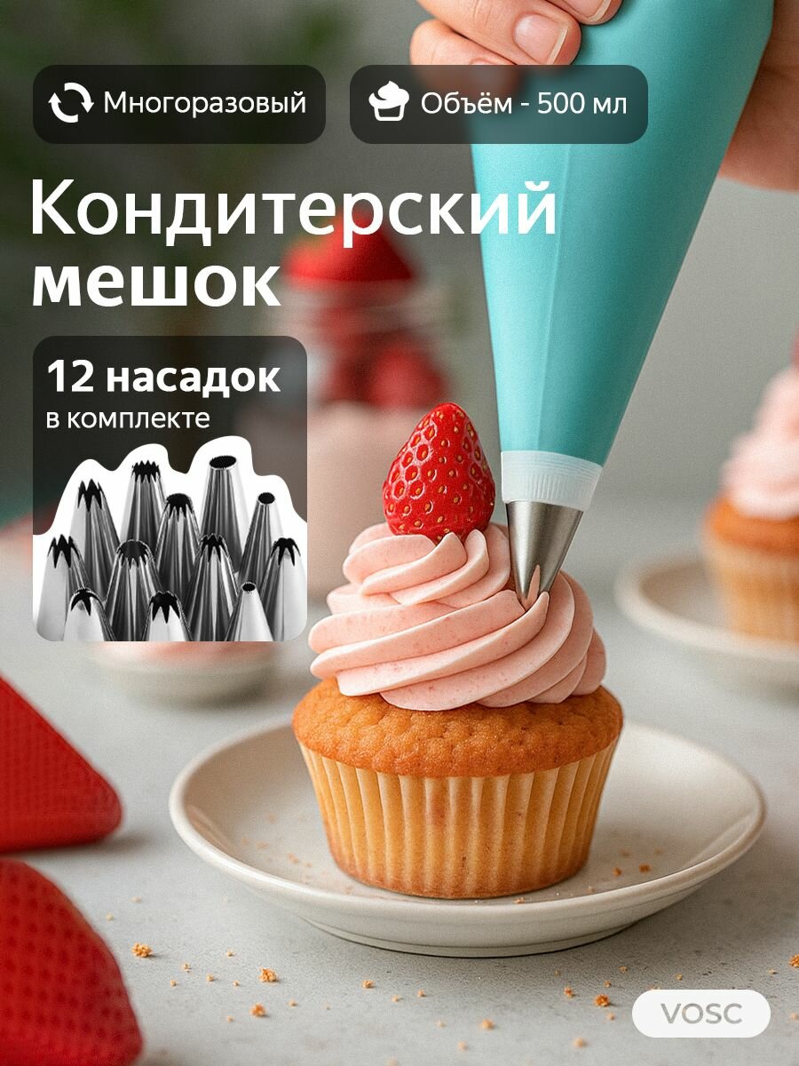 Кондитерский силиконовый мешок многоразовый с насадками для крема, выпечки и украшения тортов