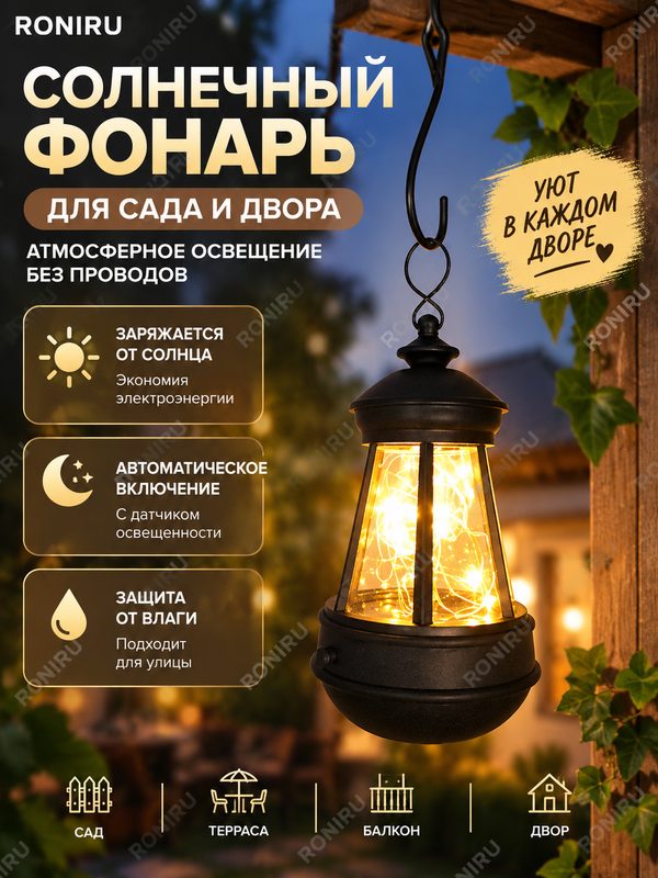 Солнечный фонарь для сада и двора, подвесной светильник на солнечной энергии с датчиком освещенности для балкона и террасы