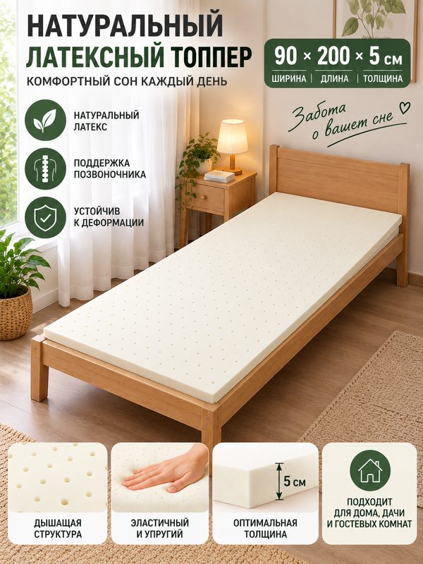 Матрас-топпер из натурального тайского латекса 90×200×5 см, тонкий латексный матрас для кровати и дивана