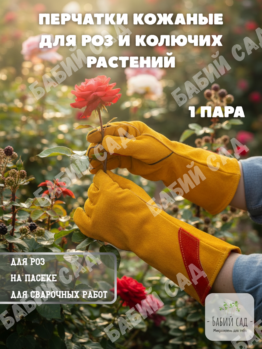 Перчатки садовые, для роз, кожаные, универсальные, многоразовые, защитные, прокол, цвет коричневый