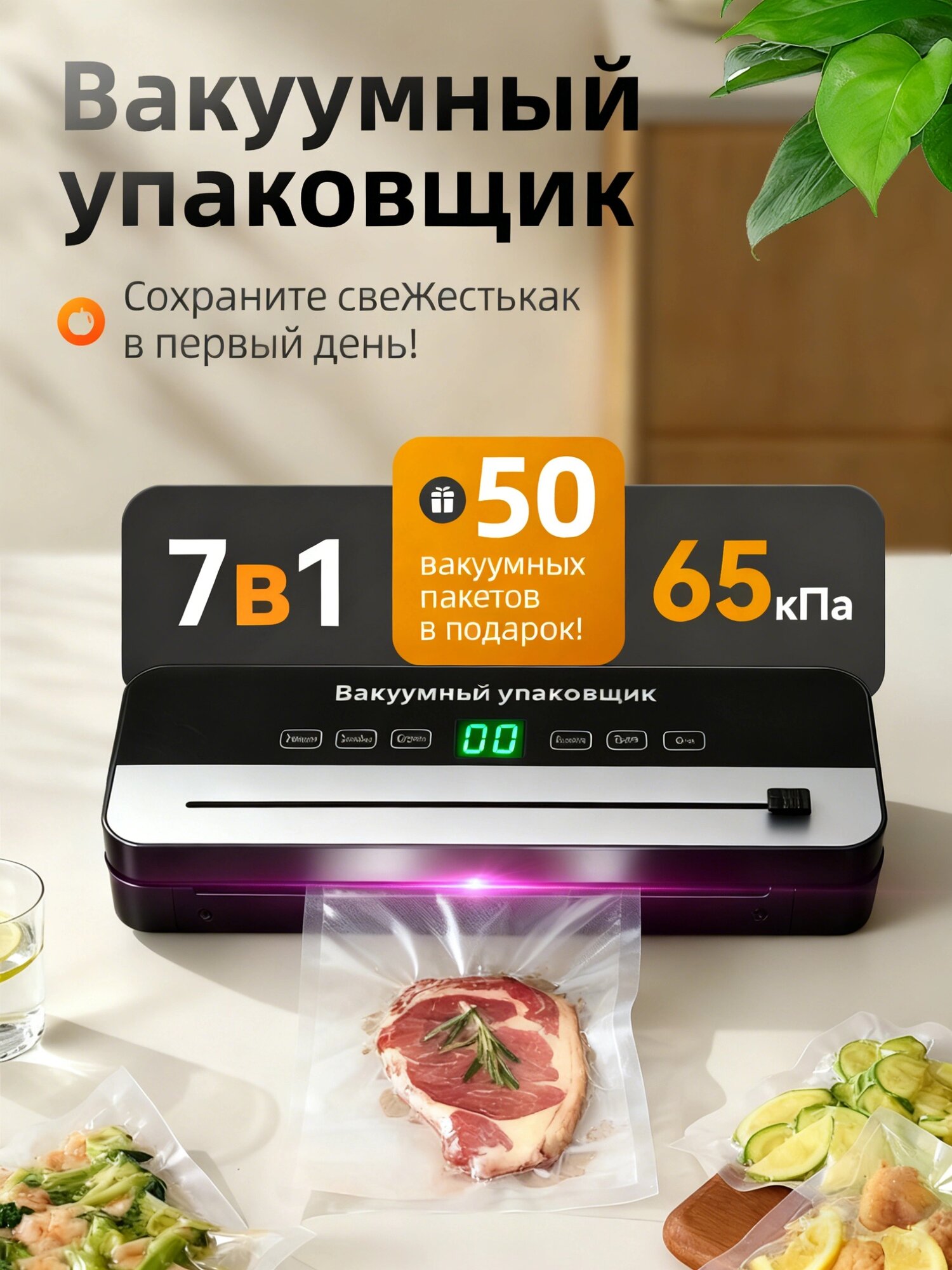 Вакууматор для продуктов, вакуумный упаковщик с резаком сенсорная панель，110 Вт，В комплекте 50 пакетов для вакууматора