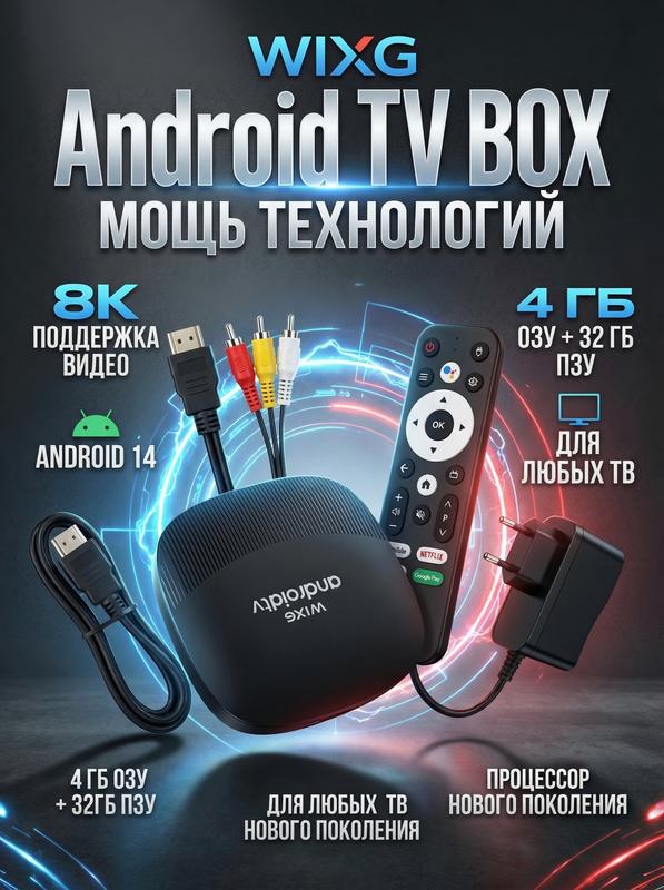 WIXG Медиаплеер Смарт ТВ приставка Android, 4 ГБ/32 ГБ, Bluetooth, Wi-Fi, черный матовый