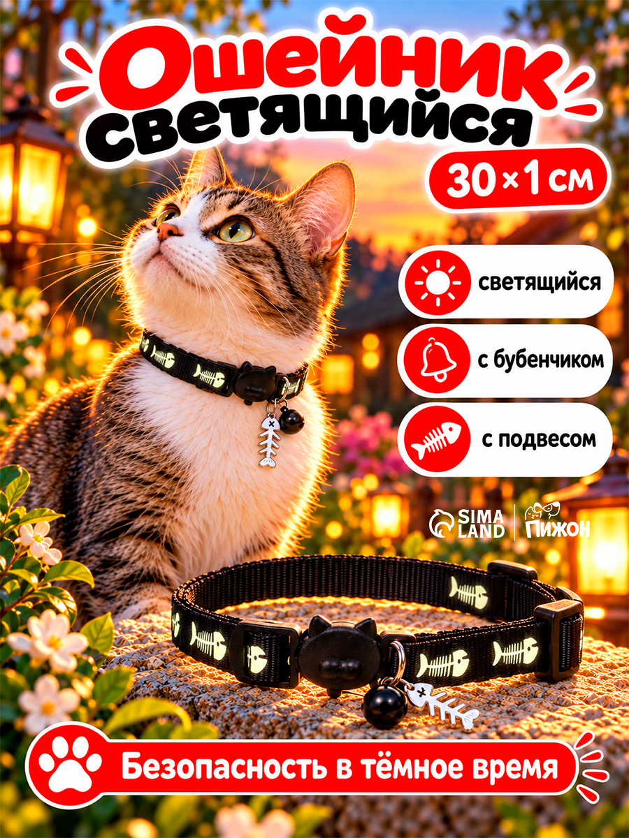 Ошейник кошачий "Рыбёшка" светящийся, с бубенчиком и подвесом, 30 х 1 см, полиэстер, черный 106710