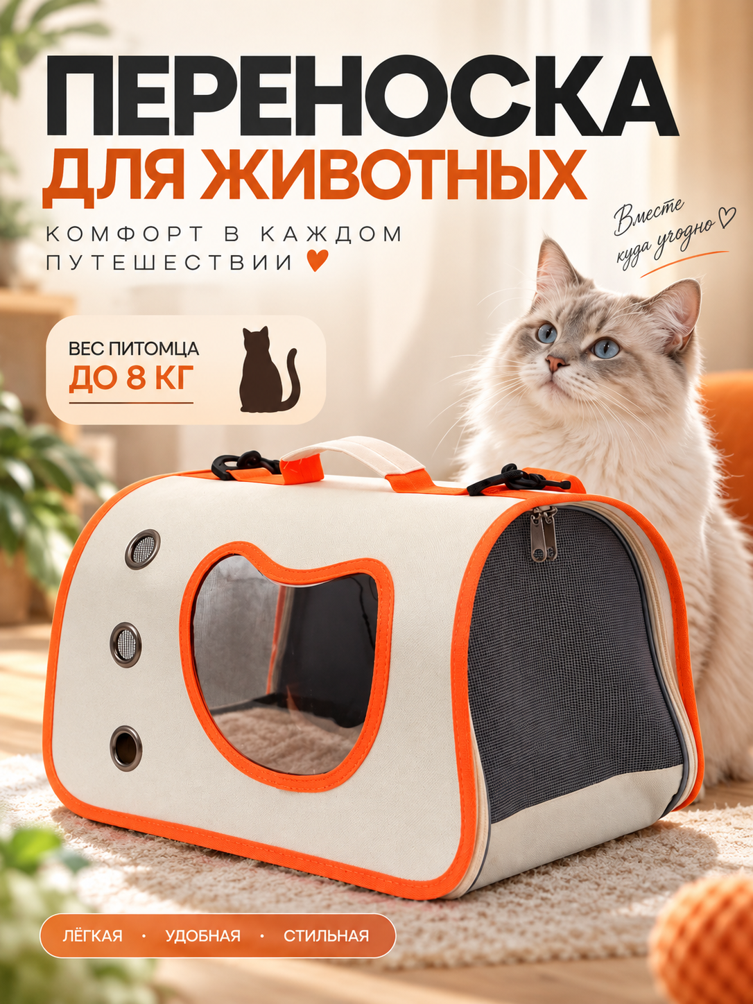 Сумка - переноска каркасная "Кошачий вид", 41 х 27 х 25 см, белая/оранжевая