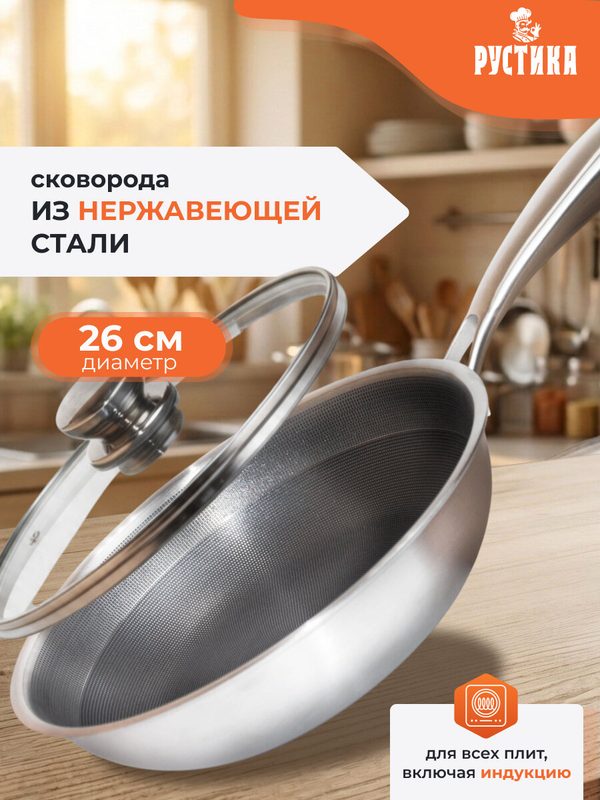 Сковорода ТМ Рустика из нержавеющей стали с крышкой 26 см с антипригарным покрытием "TRIPLY"