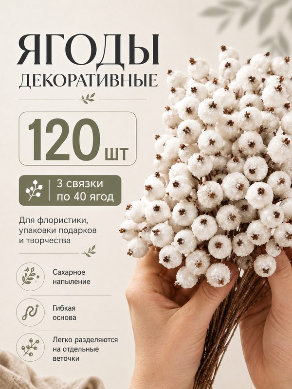 Ягоды сахарные белые 3 ветки 120 шт для декора, венков, поделок, COLOR Si